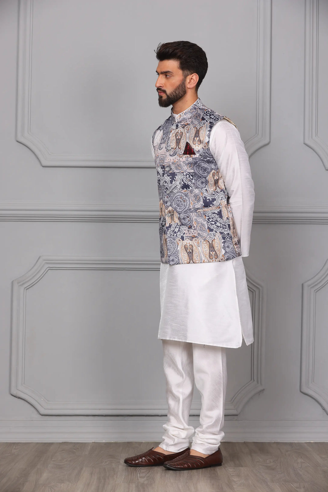 Multi-Colour Nehru Jacket & White Kurta Churidar Set: Men's Ethnic Elegance