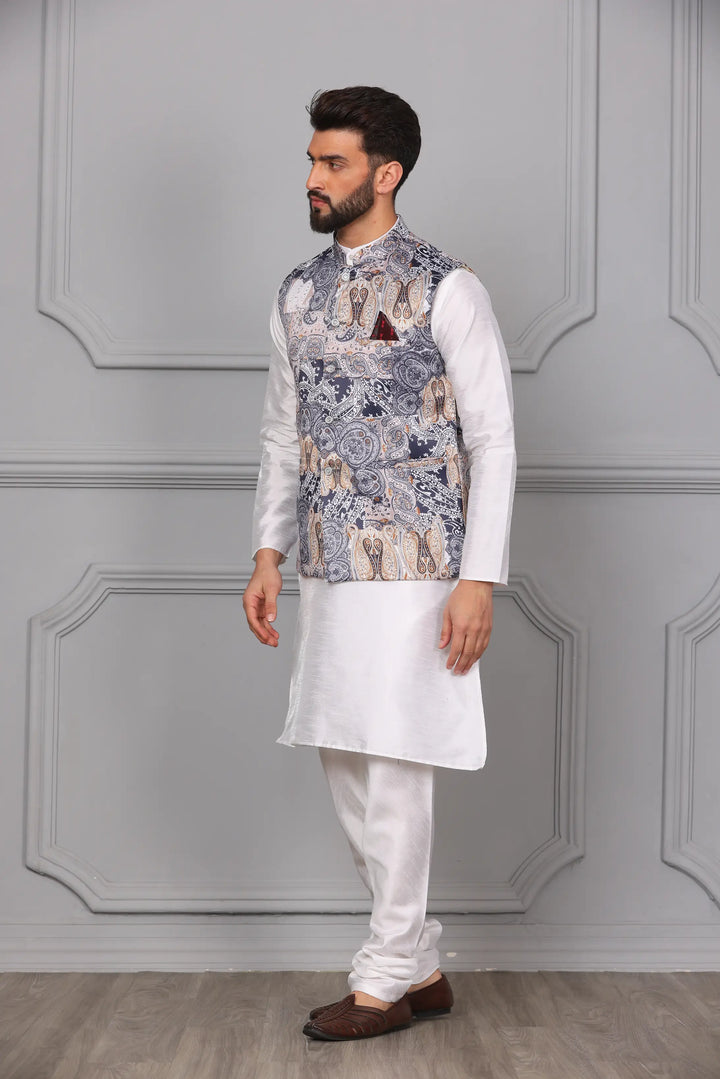 Multi-Colour Nehru Jacket & White Kurta Churidar Set: Men's Ethnic Elegance