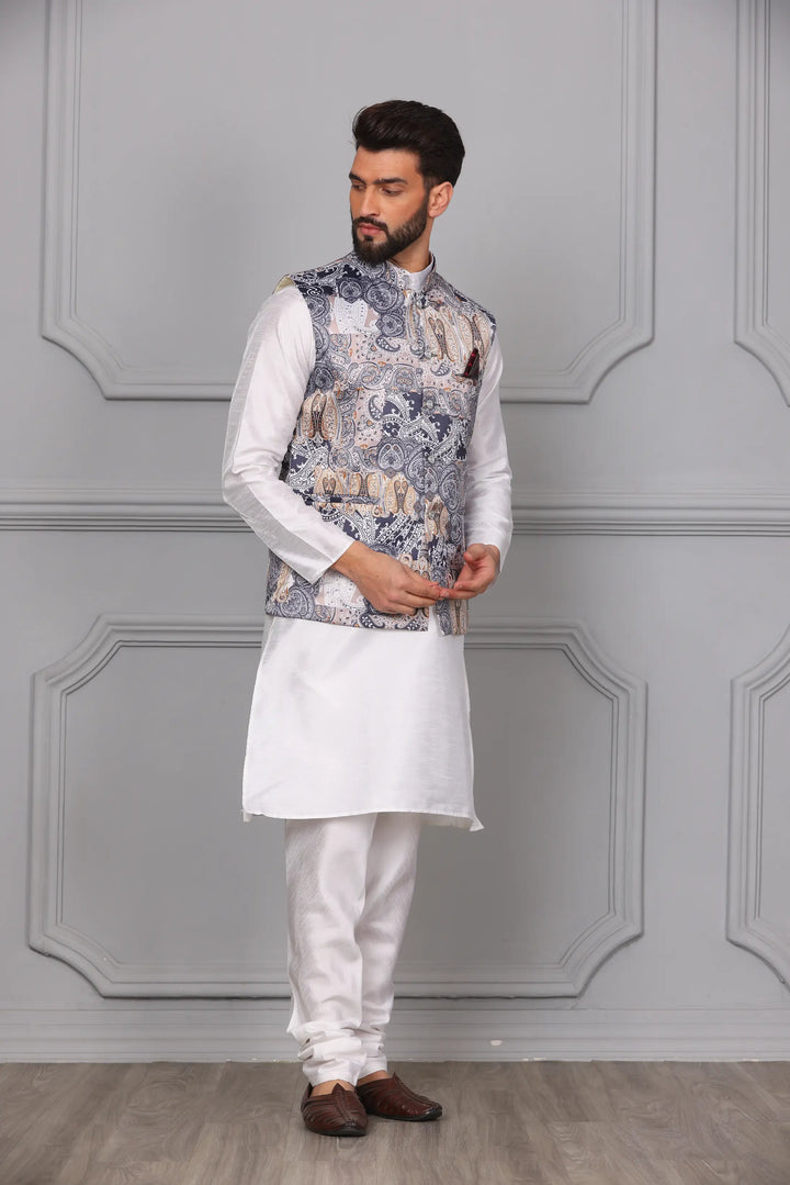 Multi-Colour Nehru Jacket & White Kurta Churidar Set: Men's Ethnic Elegance