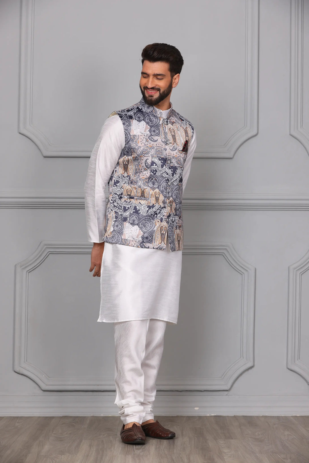 Multi-Colour Nehru Jacket & White Kurta Churidar Set: Men's Ethnic Elegance