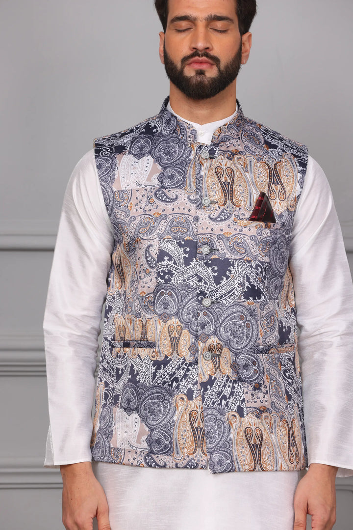 Multi-Colour Nehru Jacket & White Kurta Churidar Set: Men's Ethnic Elegance