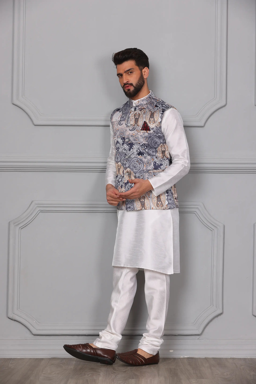 Multi-Colour Nehru Jacket & White Kurta Churidar Set: Men's Ethnic Elegance