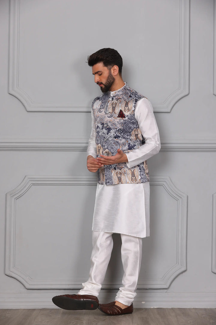 Multi-Colour Nehru Jacket & White Kurta Churidar Set: Men's Ethnic Elegance