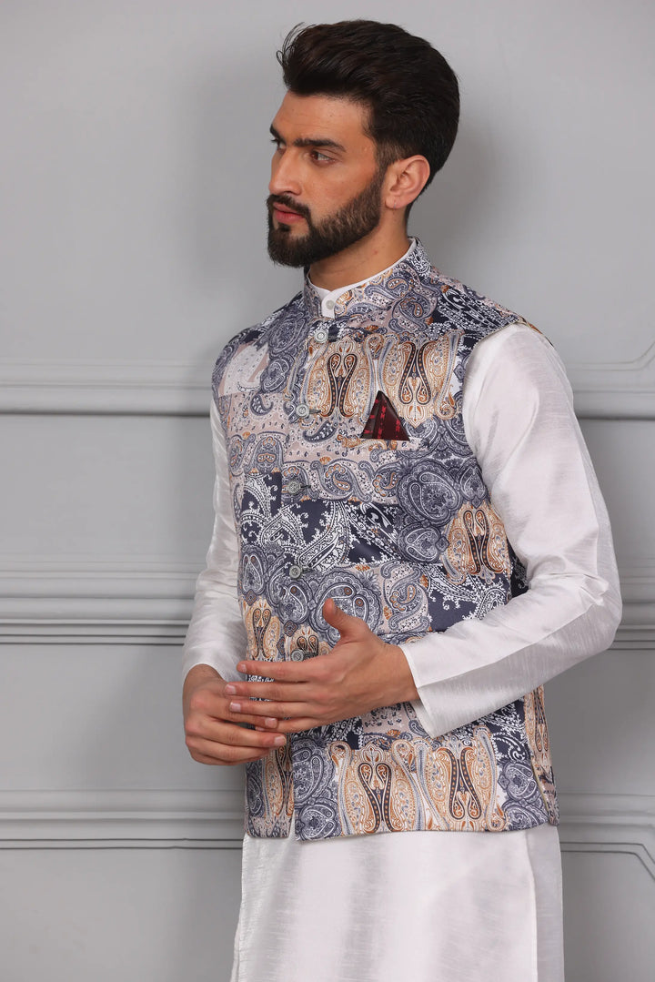 Multi-Colour Nehru Jacket & White Kurta Churidar Set: Men's Ethnic Elegance