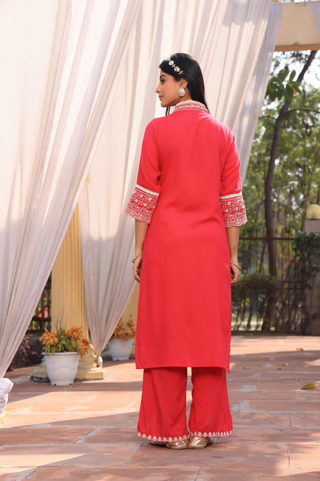 Peach Pakistani Straight Embroidered suit with Trousers and Dupatta Set for Women