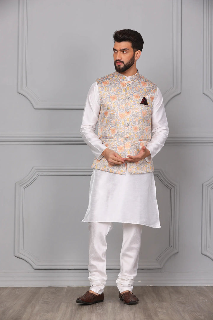 Timeless Style Multi-Colour Nehru Jacket & White Kurta Churidar Set