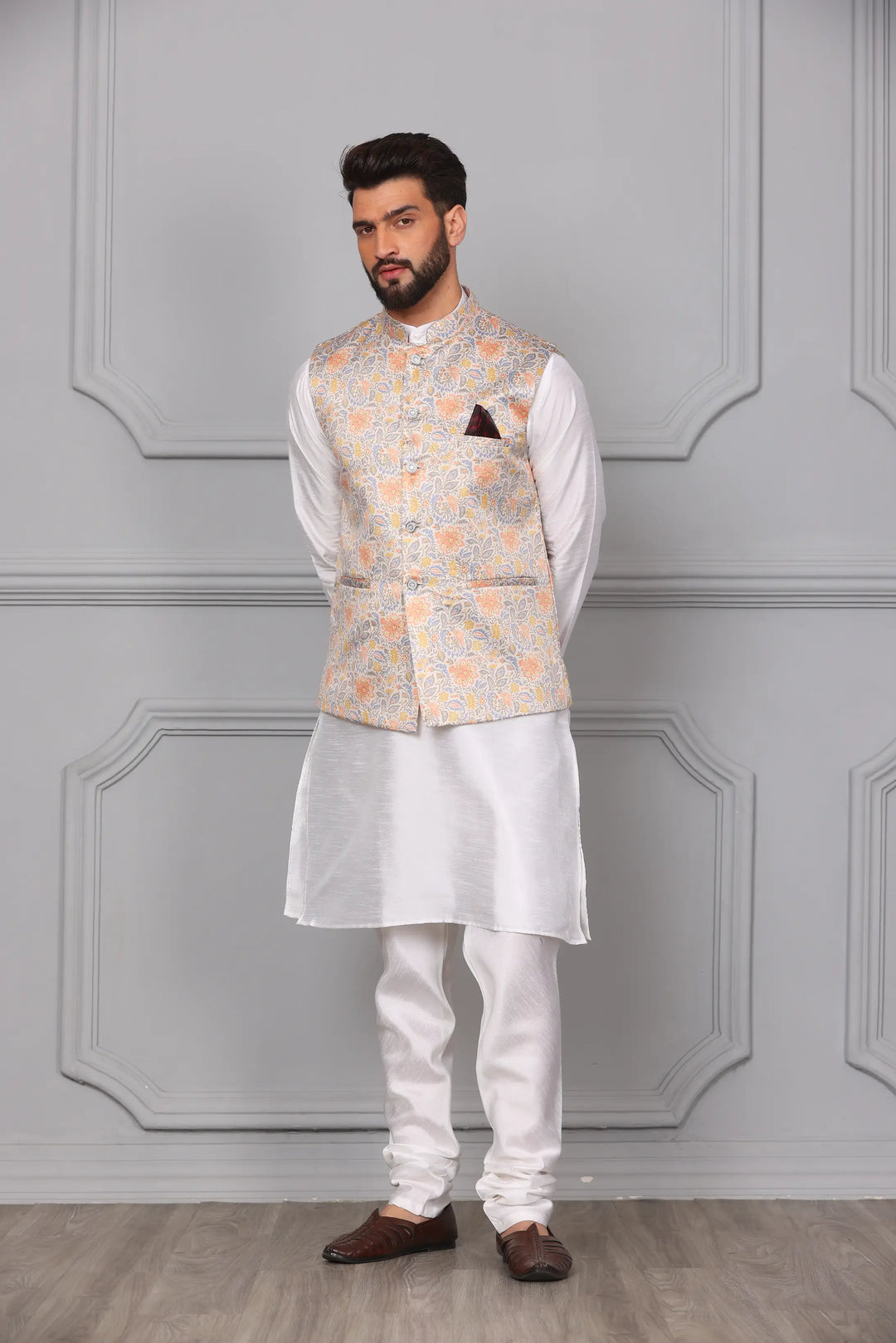 Timeless Style Multi-Colour Nehru Jacket & White Kurta Churidar Set