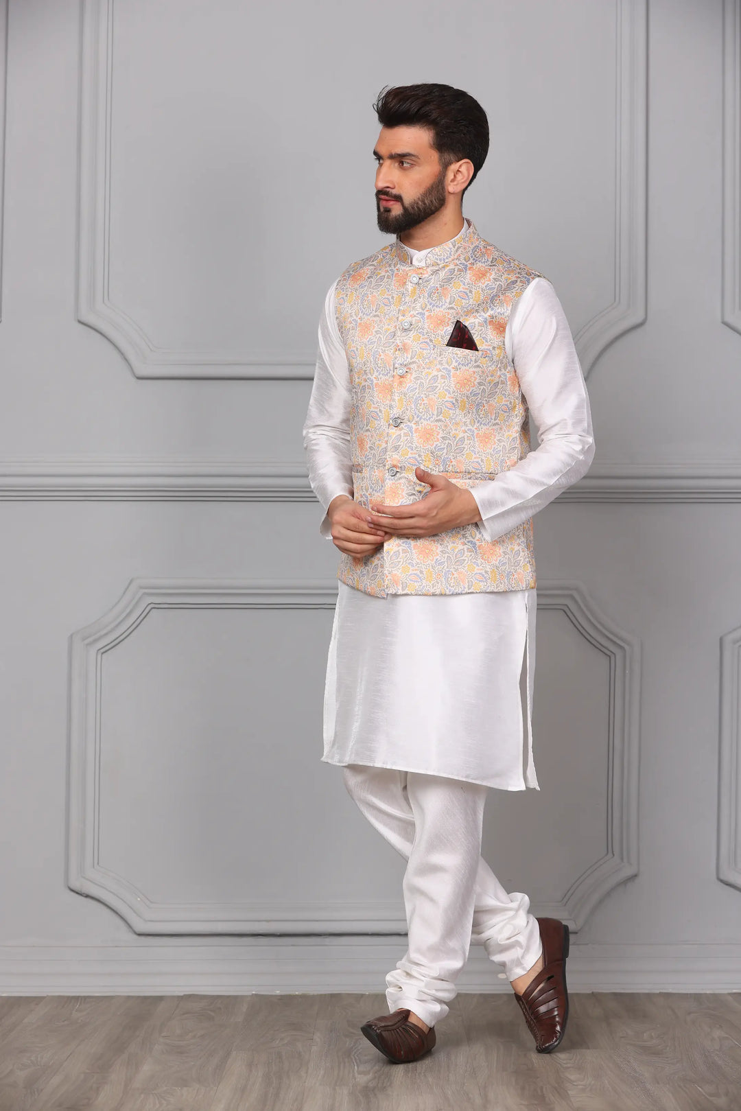 Timeless Style Multi-Colour Nehru Jacket & White Kurta Churidar Set