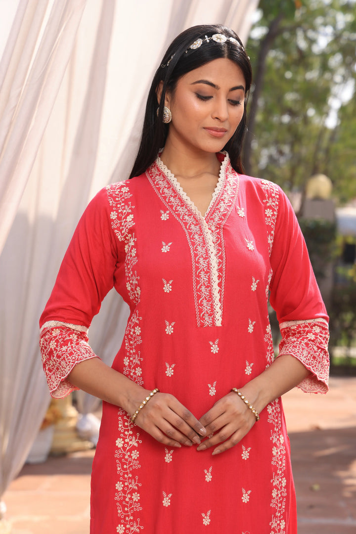 Peach Pakistani Straight Embroidered suit with Trousers and Dupatta Set for Women