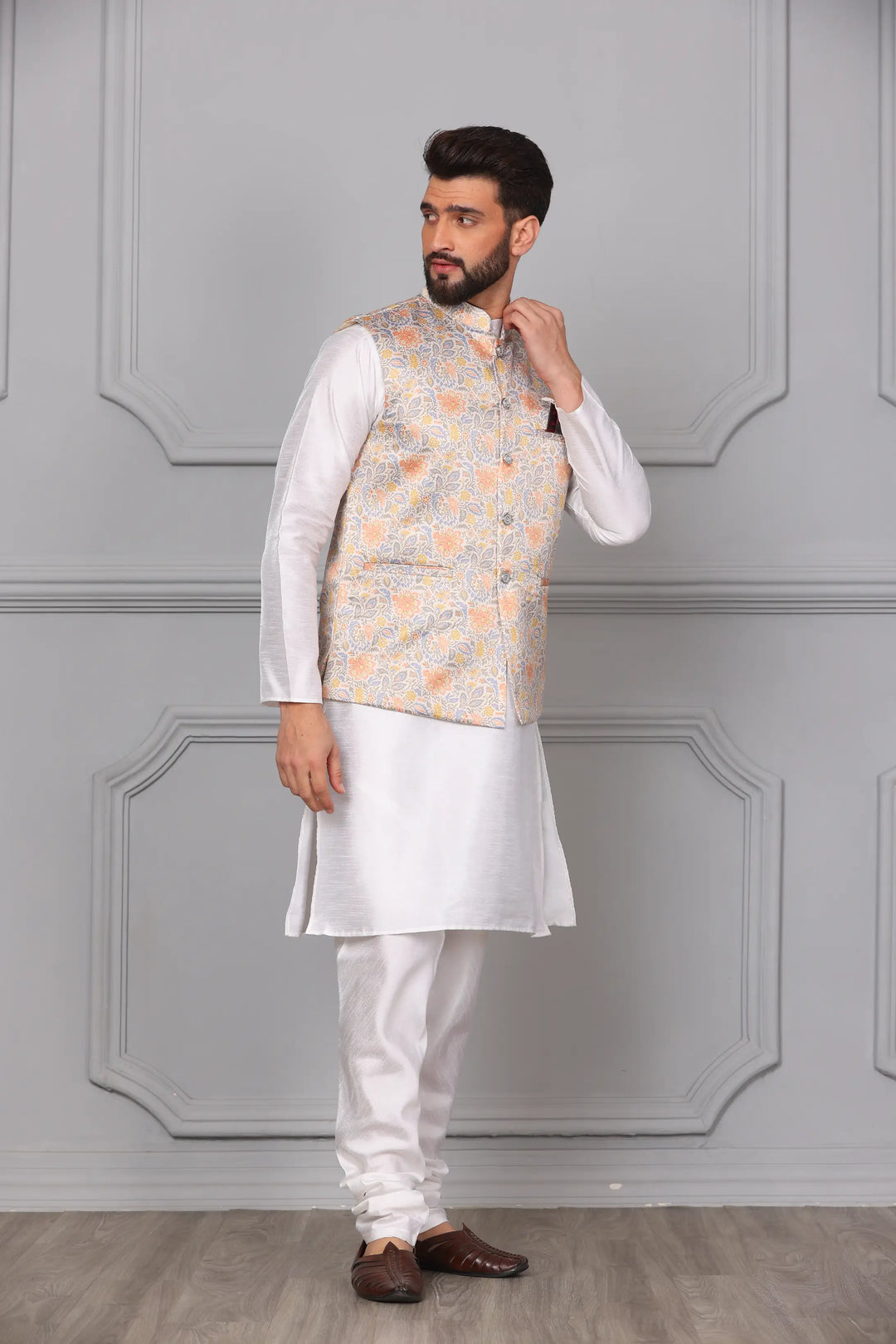 Timeless Style Multi-Colour Nehru Jacket & White Kurta Churidar Set