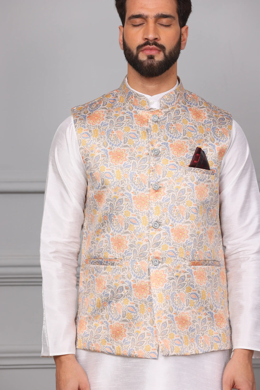 Timeless Style Multi-Colour Nehru Jacket & White Kurta Churidar Set