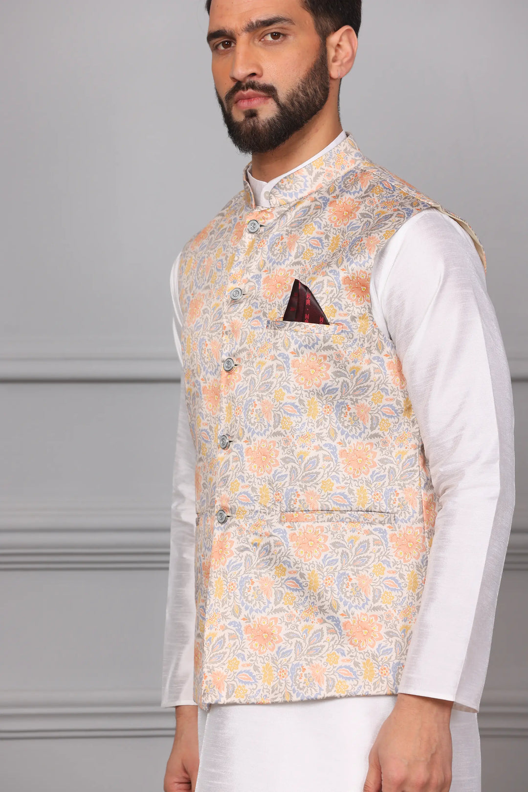 Timeless Style Multi-Colour Nehru Jacket & White Kurta Churidar Set