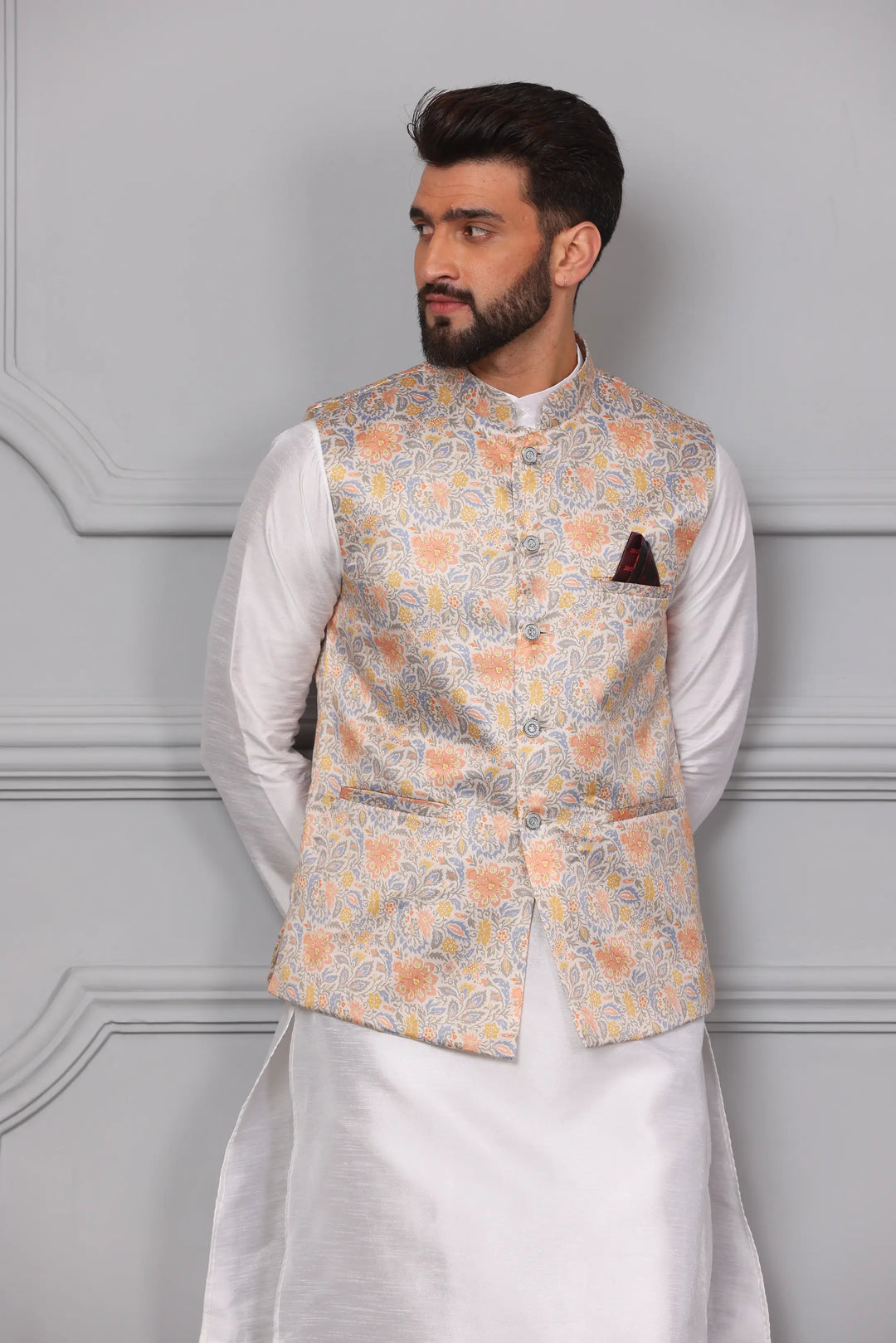 Timeless Style Multi-Colour Nehru Jacket & White Kurta Churidar Set