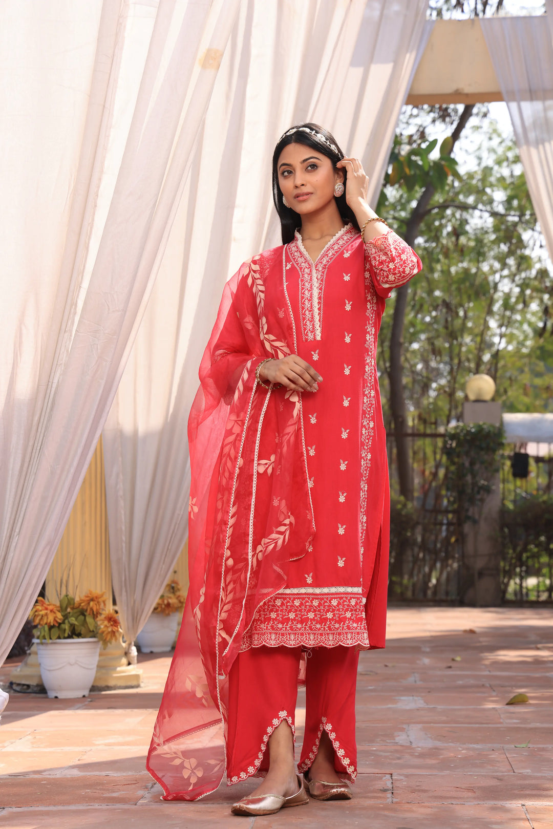 Peach Pakistani Straight Embroidered suit with Trousers and Dupatta Set for Women