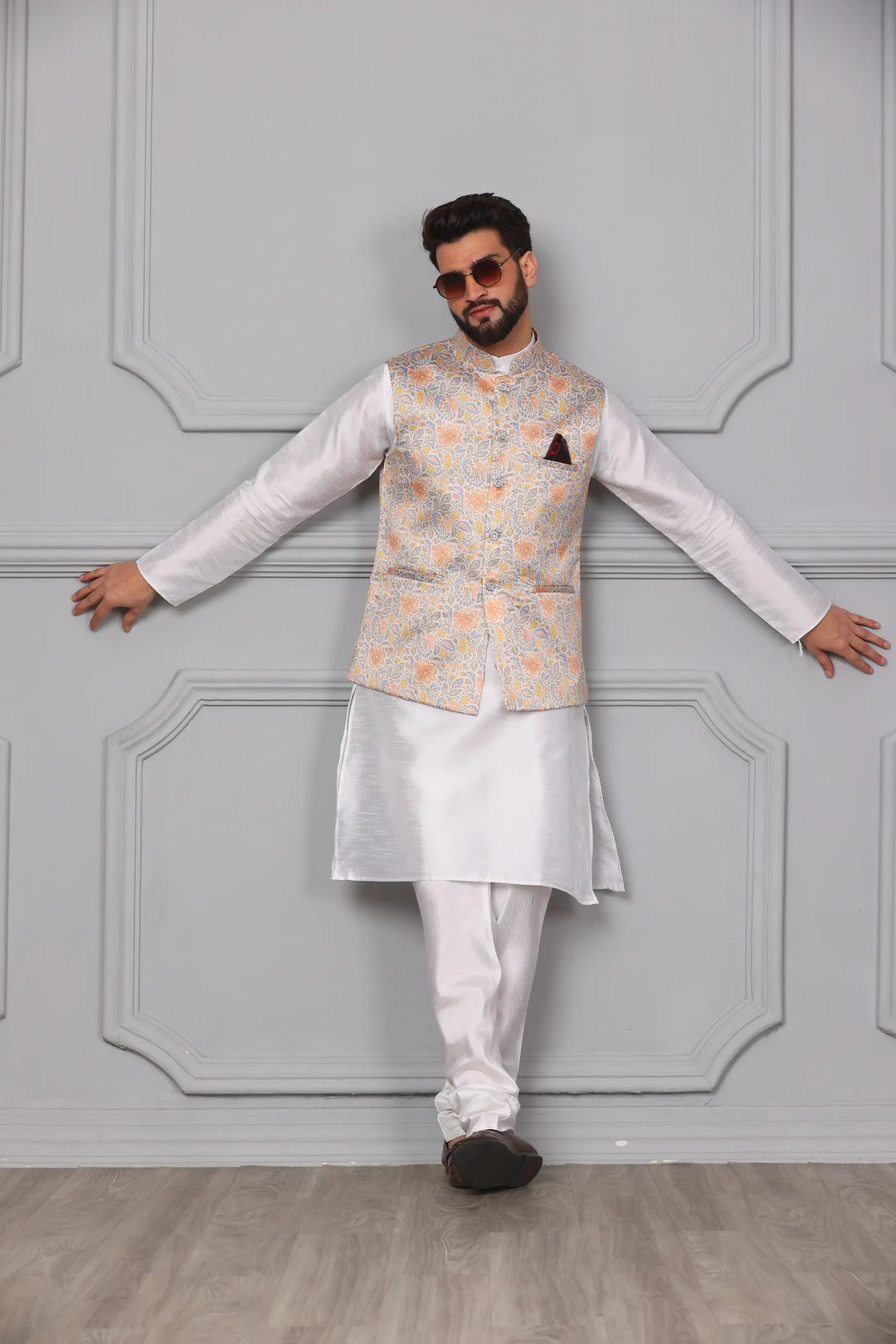 Timeless Style Multi-Colour Nehru Jacket & White Kurta Churidar Set