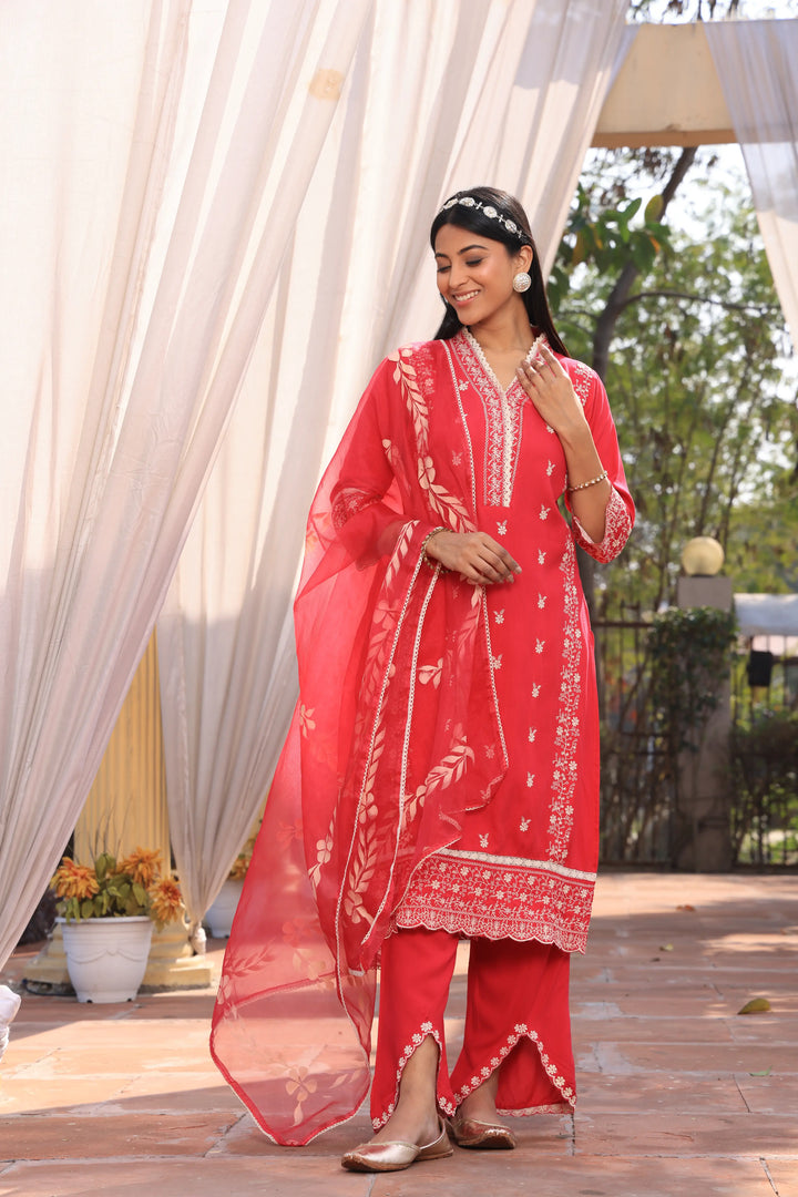 Peach Pakistani Straight Embroidered suit with Trousers and Dupatta Set for Women