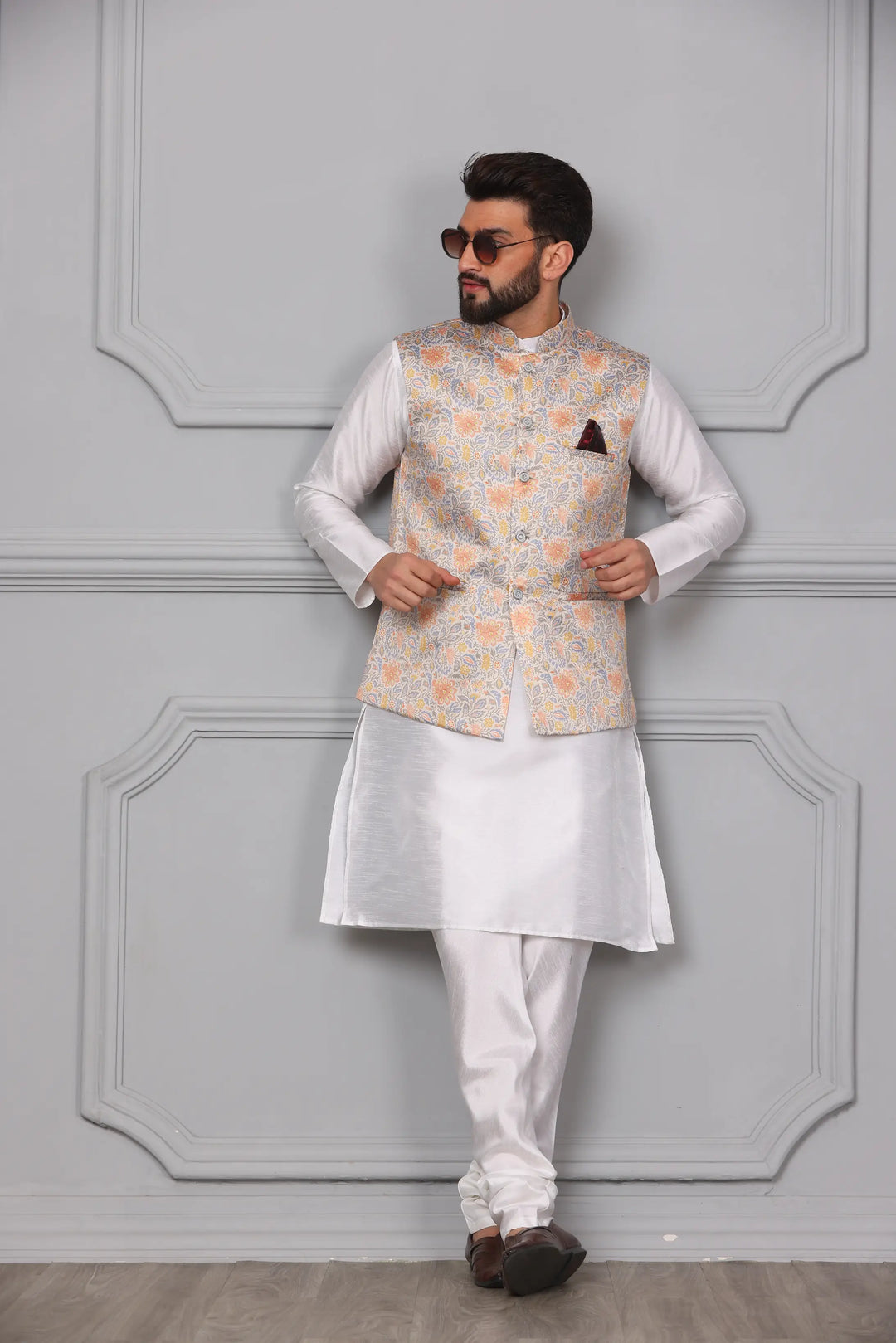 Timeless Style Multi-Colour Nehru Jacket & White Kurta Churidar Set