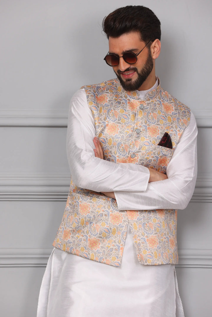 Timeless Style Multi-Colour Nehru Jacket & White Kurta Churidar Set