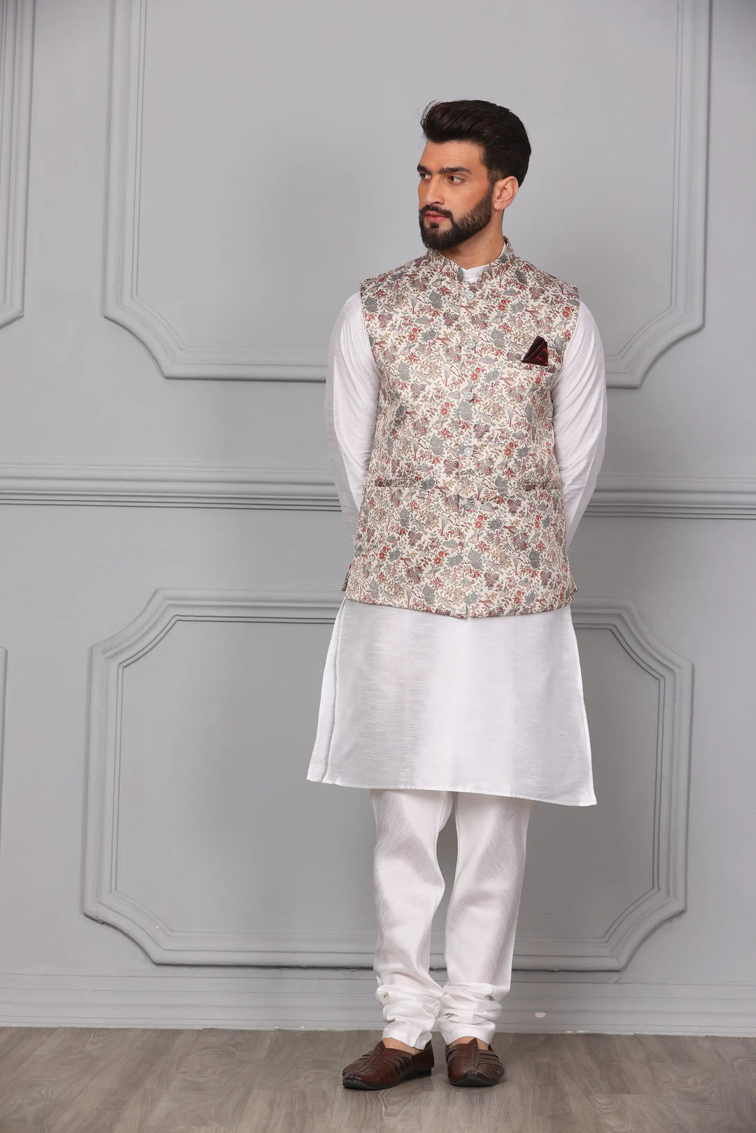 Classic Elegance Multi-Color Nehru Jacket & White Kurta Churidar Set