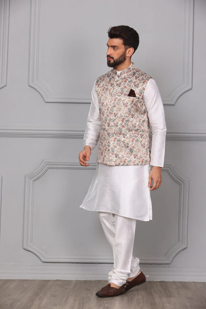 Classic Elegance Multi-Color Nehru Jacket & White Kurta Churidar Set