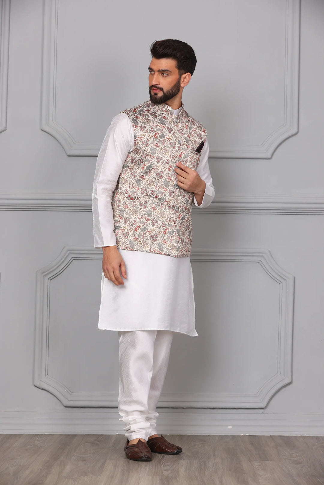 Classic Elegance Multi-Color Nehru Jacket & White Kurta Churidar Set