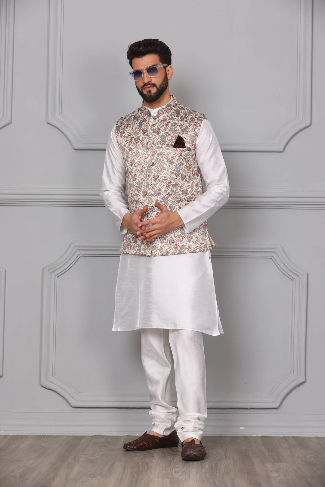 Classic Elegance Multi-Color Nehru Jacket & White Kurta Churidar Set