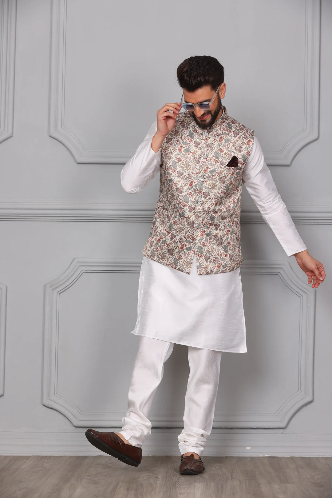 Classic Elegance Multi-Color Nehru Jacket & White Kurta Churidar Set