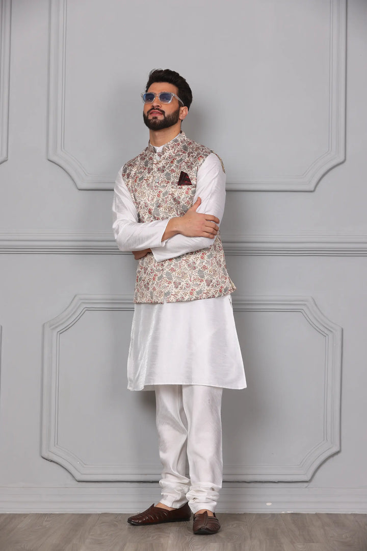 Classic Elegance Multi-Color Nehru Jacket & White Kurta Churidar Set