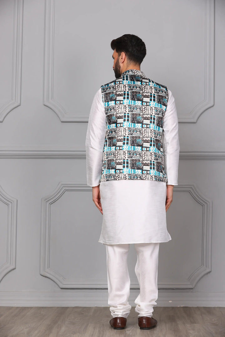 Multi-Colour Nehru Jacket & White Kurta Churidar Set for Men