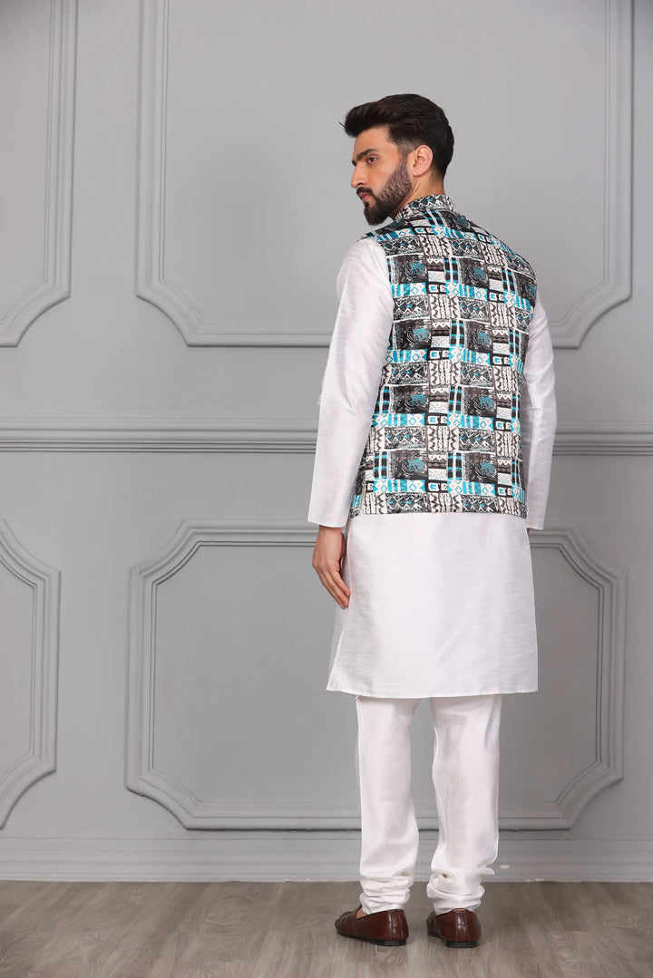 Multi-Colour Nehru Jacket & White Kurta Churidar Set for Men