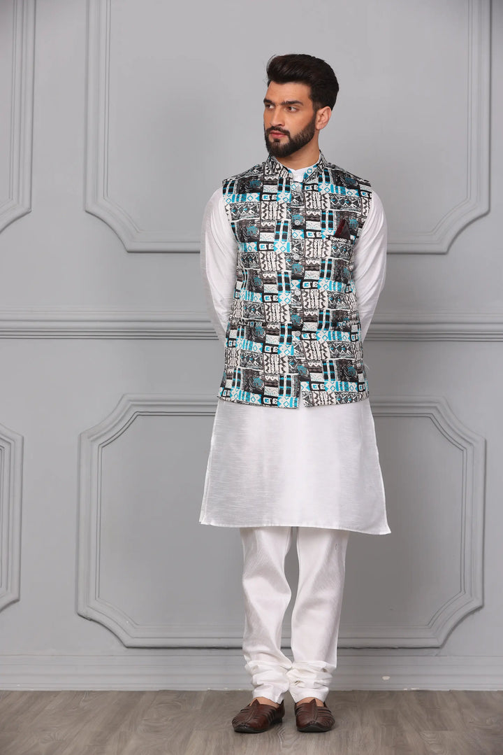 Multi-Colour Nehru Jacket & White Kurta Churidar Set for Men