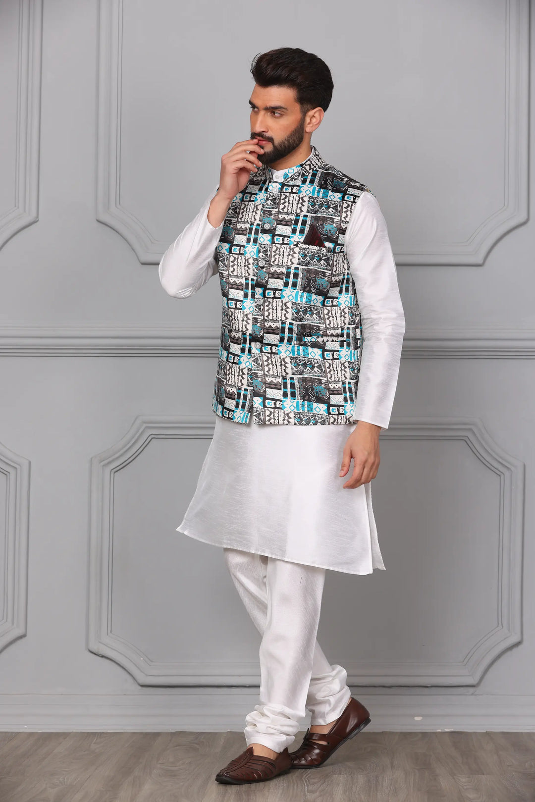 Multi-Colour Nehru Jacket & White Kurta Churidar Set for Men