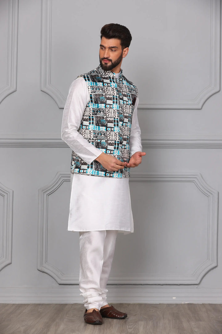 Multi-Colour Nehru Jacket & White Kurta Churidar Set for Men