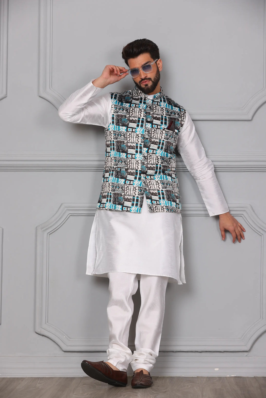 Multi-Colour Nehru Jacket & White Kurta Churidar Set for Men