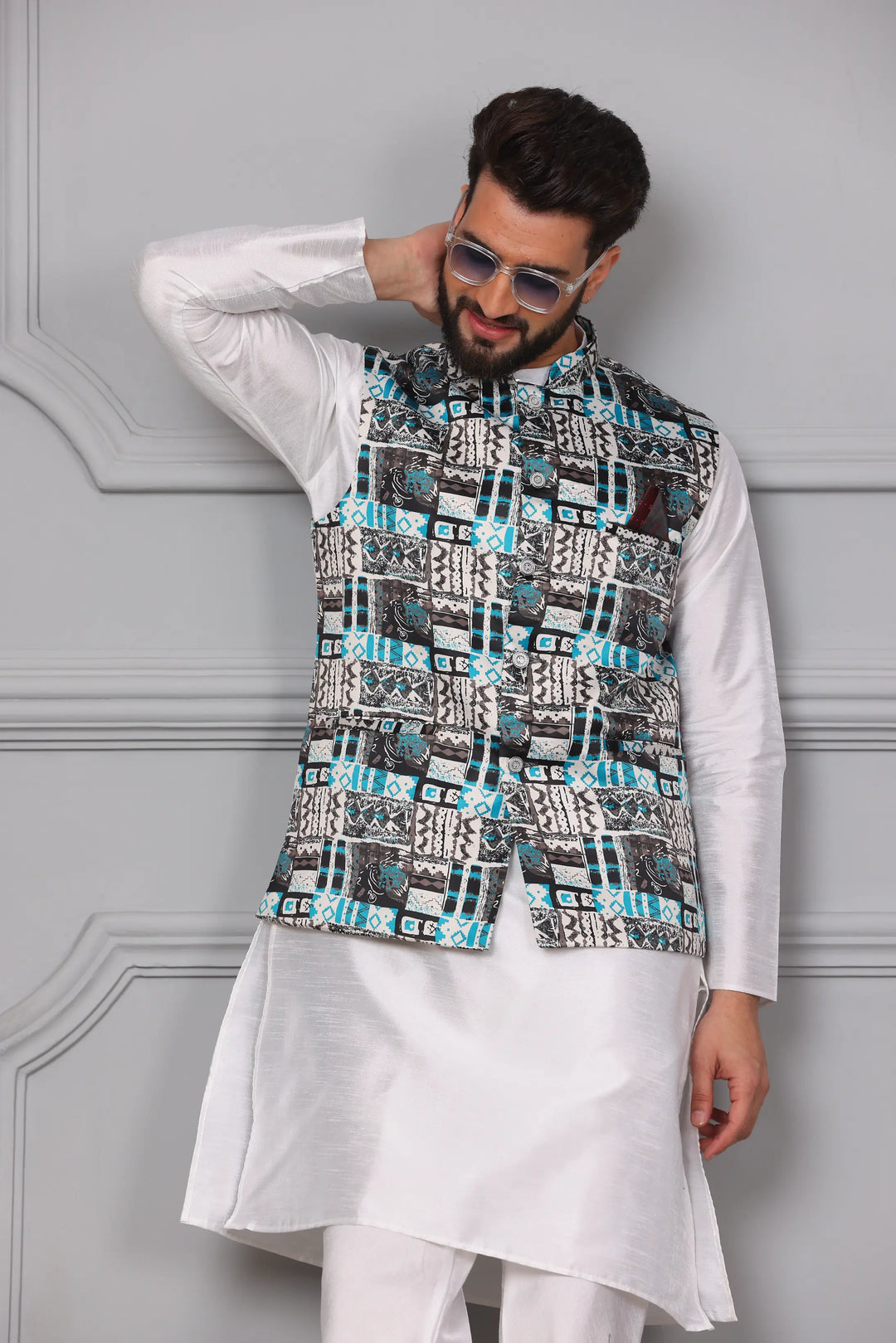 Multi-Colour Nehru Jacket & White Kurta Churidar Set for Men