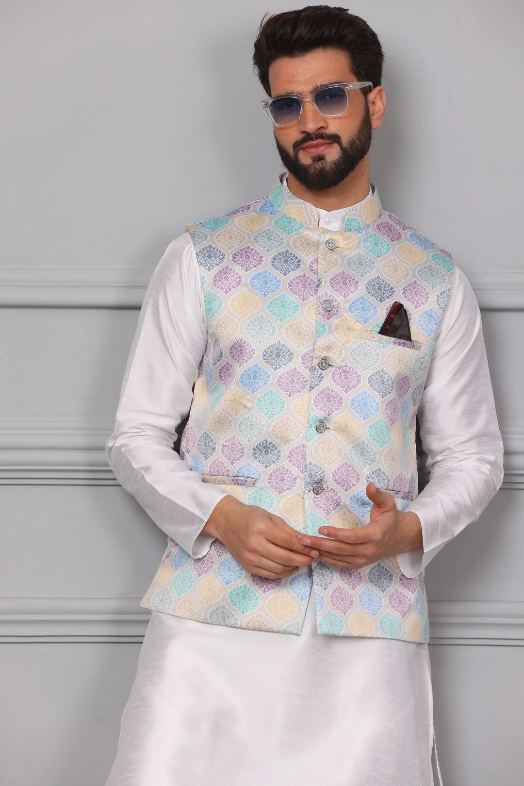 New Arrival Multi-Color Nehru Jacket & White Kurta Churidar Set