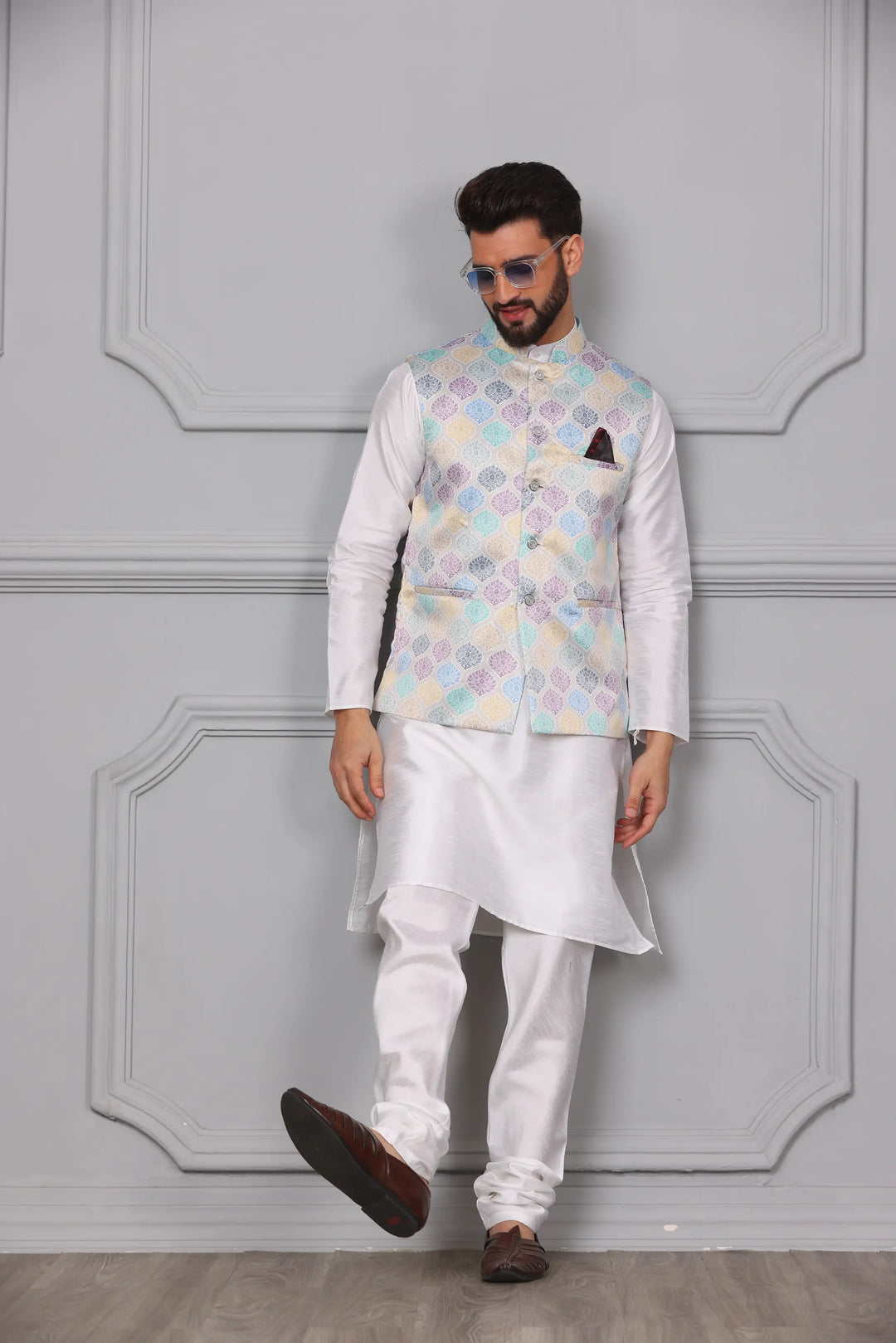 New Arrival Multi-Color Nehru Jacket & White Kurta Churidar Set