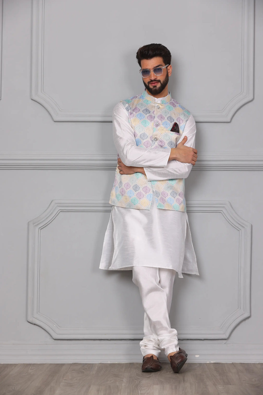 New Arrival Multi-Color Nehru Jacket & White Kurta Churidar Set