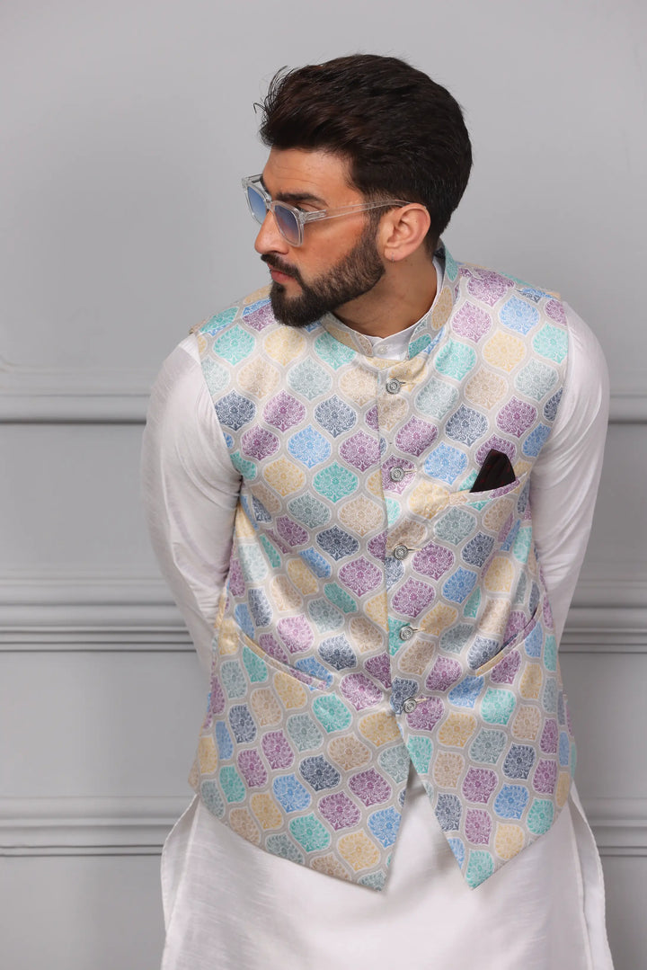 New Arrival Multi-Color Nehru Jacket & White Kurta Churidar Set