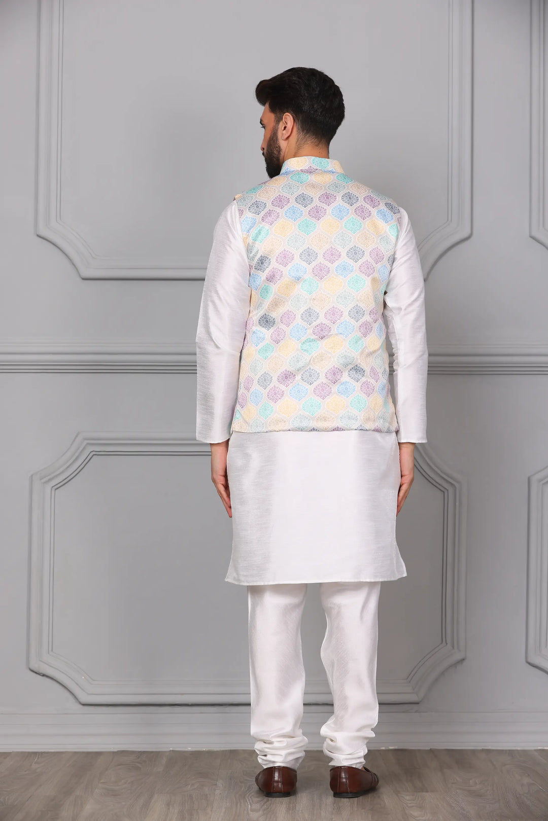 New Arrival Multi-Color Nehru Jacket & White Kurta Churidar Set