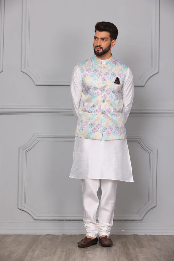 New Arrival Multi-Color Nehru Jacket & White Kurta Churidar Set