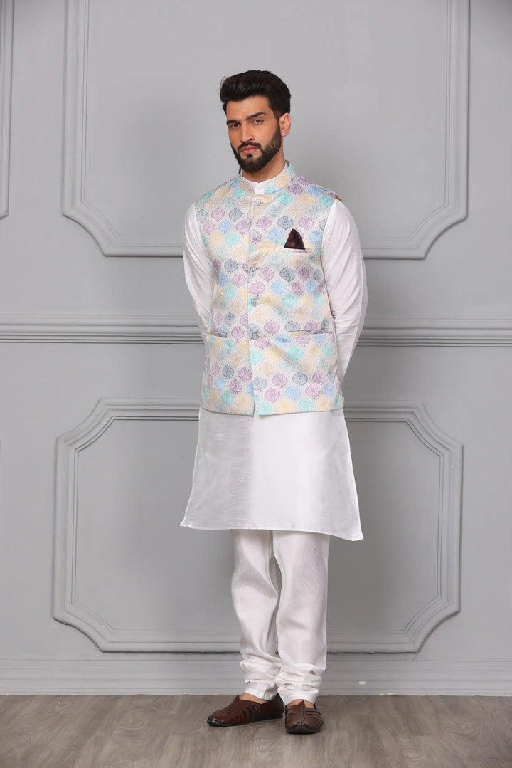 New Arrival Multi-Color Nehru Jacket & White Kurta Churidar Set