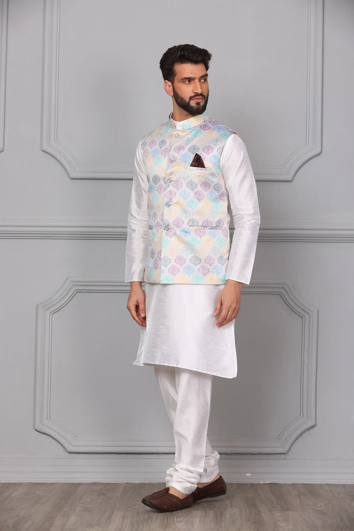 New Arrival Multi-Color Nehru Jacket & White Kurta Churidar Set