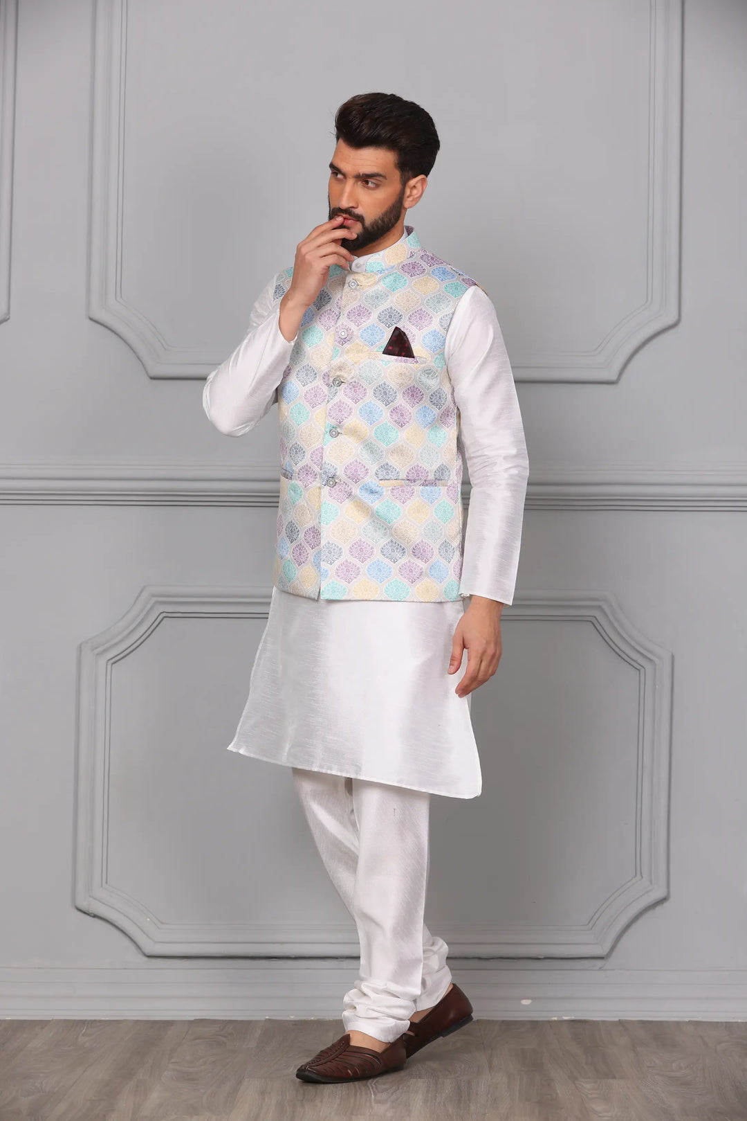 New Arrival Multi-Color Nehru Jacket & White Kurta Churidar Set