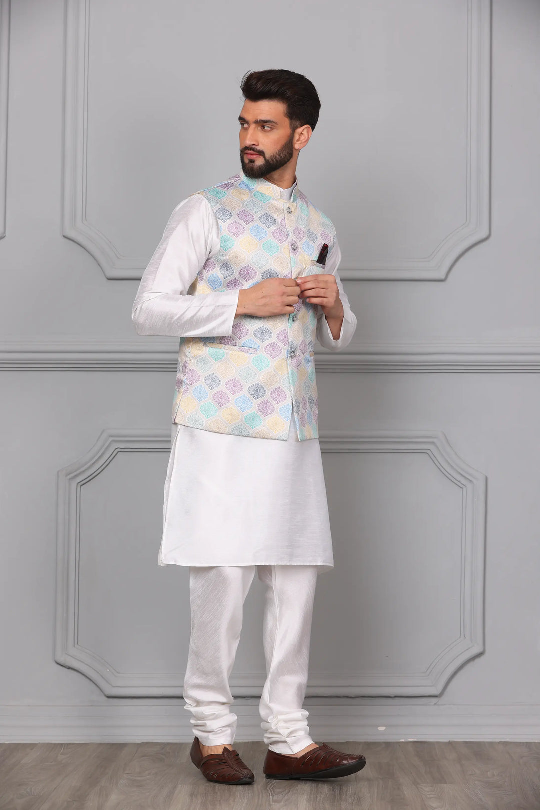 New Arrival Multi-Color Nehru Jacket & White Kurta Churidar Set