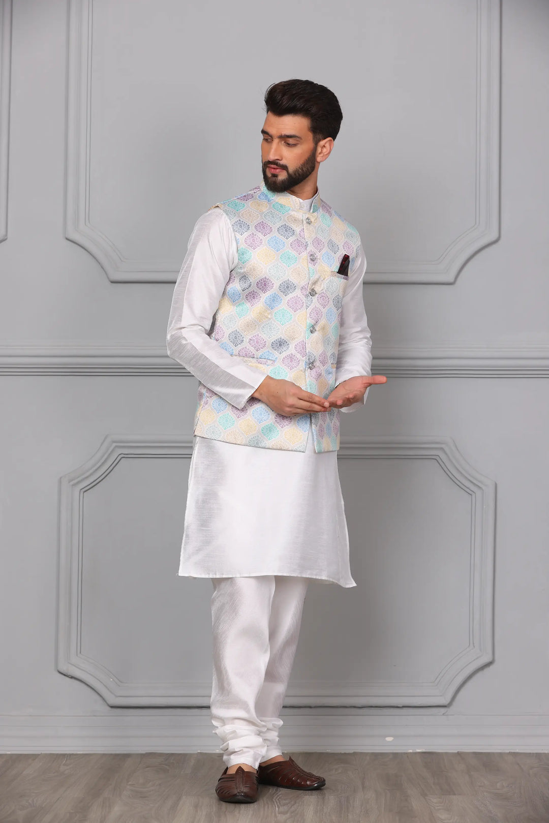 New Arrival Multi-Color Nehru Jacket & White Kurta Churidar Set