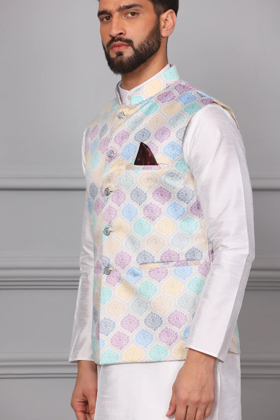 New Arrival Multi-Color Nehru Jacket & White Kurta Churidar Set