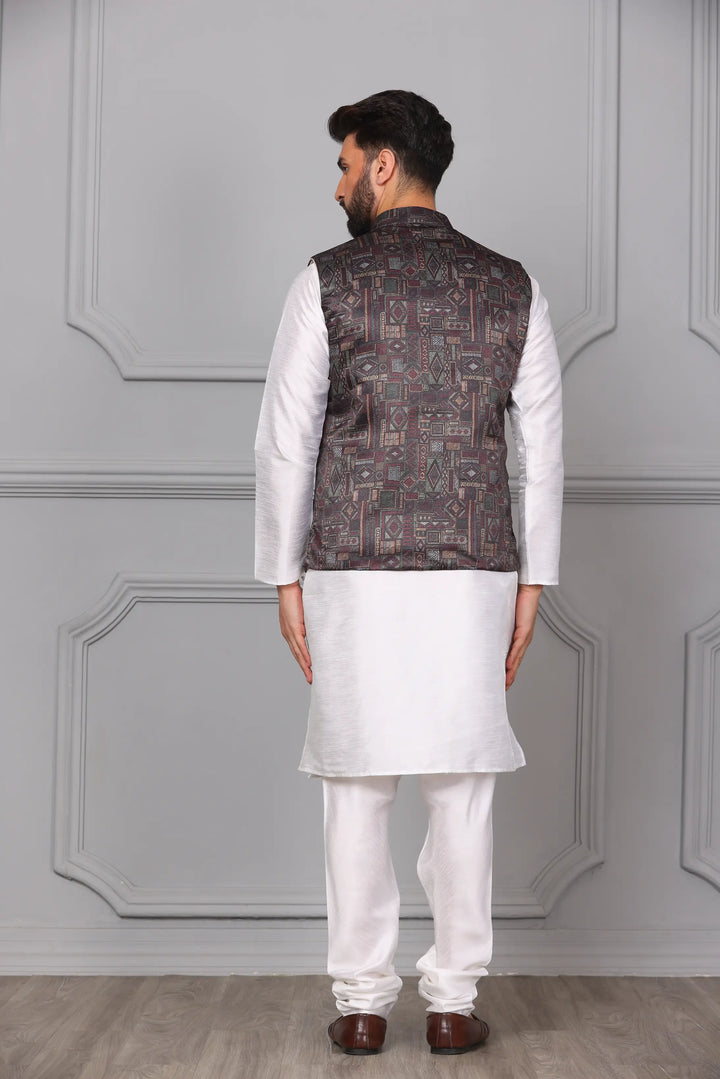 Multi Brown Color Modi Jacket & White Silk Kurta Churidar Set for Men