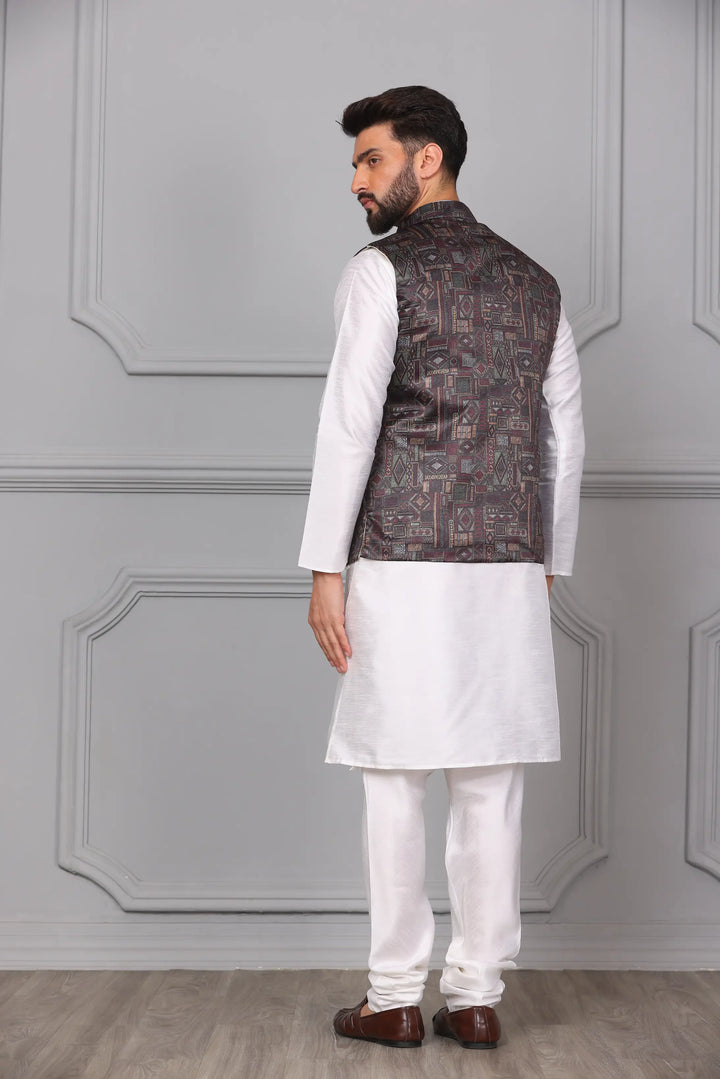 Multi Brown Color Modi Jacket & White Silk Kurta Churidar Set for Men