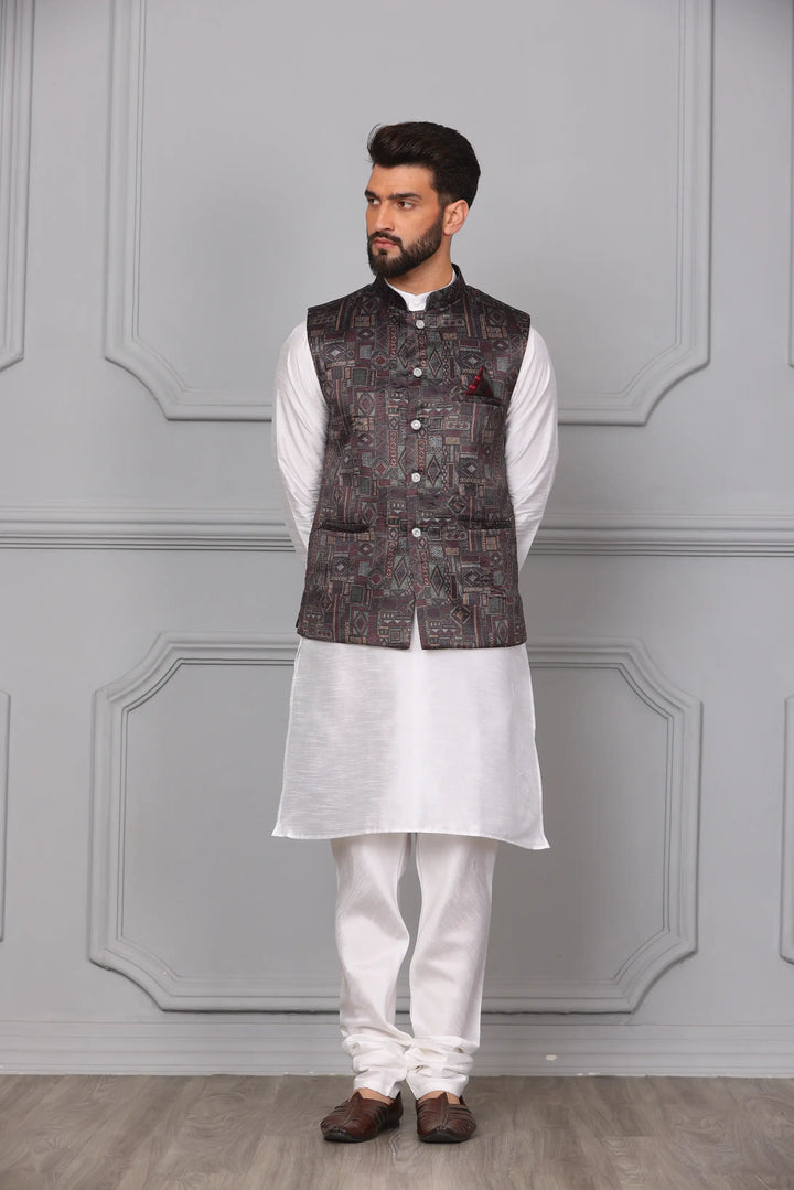 Multi Brown Color Modi Jacket & White Silk Kurta Churidar Set for Men